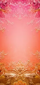 Vibrant pink and orange floral ornate wallpaper design.