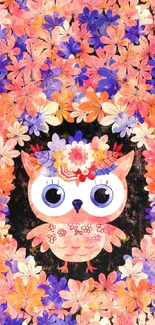 Colorful floral owl with decorative leaves wallpaper.