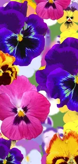 Colorful pansies in purple, pink, yellow on wallpaper background.