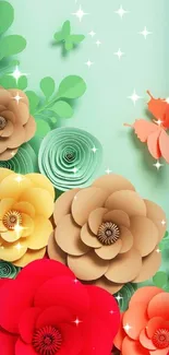 Colorful paper art wallpaper with flowers and butterflies.