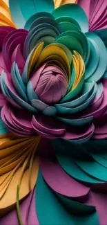 Vibrant layered paper flower art in vivid colors.