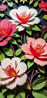 Intricate colorful floral paper art on dark background.