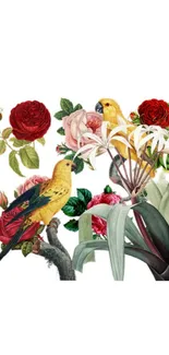 Vibrant wallpaper with parrots and red roses, featuring lush green leaves.