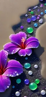 Vibrant wallpaper with purple flowers and colorful pebbles.