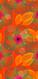 Bright orange floral pattern wallpaper with abstract design.