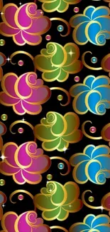 Vibrant abstract floral design on black background.