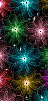 Vibrant mobile wallpaper with colorful floral patterns on a dark background.