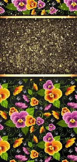 Vibrant floral wallpaper with gold texture and colorful flowers.