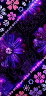 Vibrant purple and pink floral wallpaper on a dark background.