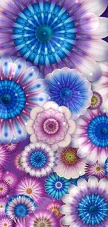 Vibrant blue and purple flower patterned wallpaper.