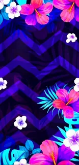 Vibrant tropical floral wallpaper with purple background and hibiscus flowers.