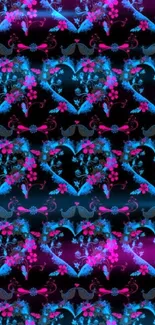 Vibrant floral pattern with pink and blue on black background.