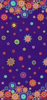 Vibrant floral pattern on a rich purple background wallpaper.