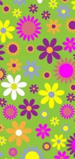 Vibrant green floral wallpaper with colorful flowers.