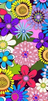 Bright and colorful floral pattern wallpaper with intricate flowers.