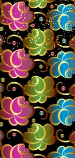 Vibrant wallpaper with colorful floral pattern on black background.