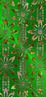 Green floral wallpaper with holographic flowers.