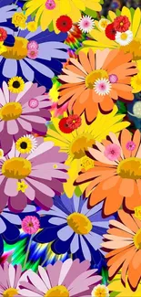 Vibrant floral wallpaper with colorful daisies.