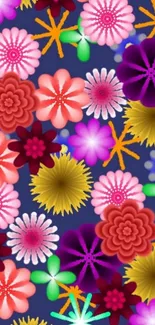 Vibrant and colorful floral patterned wallpaper with diverse flower designs.