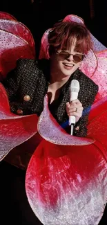 Performer with red petal costume on stage wallpaper.