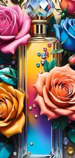 Colorful roses and crystal perfume bottle art.