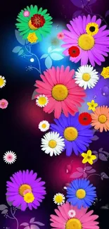 Vibrant floral wallpaper with colorful daisies on a dark background.