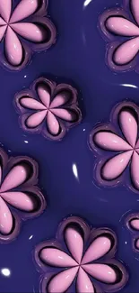 Pink abstract flowers on a deep blue background mobile wallpaper.