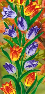 Hand-painted tulips on colorful floral background wallpaper.