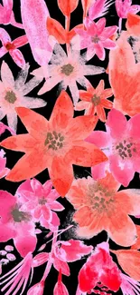 Vibrant pink and orange floral wallpaper on a black background.