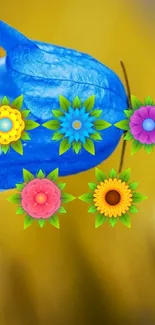 Bright blue petals with vibrant floral designs against a yellow background.