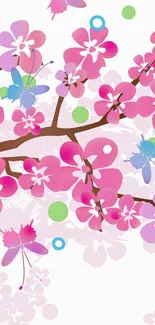 Colorful floral wallpaper with pink blossoms and butterflies.