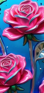 Vibrant pink roses on a blue background for mobile wallpaper.