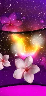 Vibrant purple and pink floral wallpaper with glowing light effects.