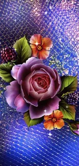 Purple rose with vibrant blue textured background.