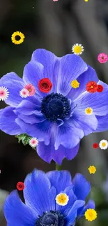 Blue anemone with colorful wildflowers on phone wallpaper.