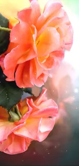 Blooming peach roses with leafy backdrop and soft bokeh effect.