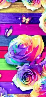 Vibrant wallpaper with colorful roses and butterflies.