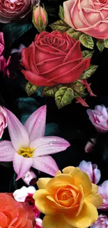 Vibrant floral wallpaper with roses, lilies, and camellias on a dark background.