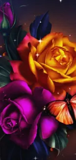 Colorful roses and butterfly on dark background wallpaper.