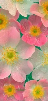 Beautiful pink and white flowers with dew drops on a green background.