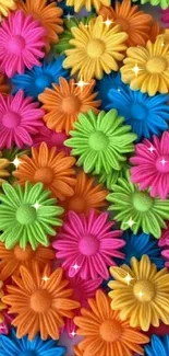 Colorful daisy floral wallpaper for smartphones, featuring pink, blue, green flowers.