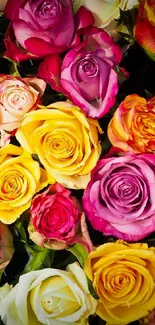 Vibrant bouquet of colorful roses in yellow, pink, and white hues.