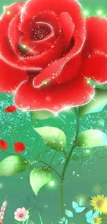 Vibrant mobile wallpaper with a red rose and floral accents on green.