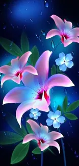 Vibrant wallpaper with pink and blue flowers, green leaves on a dark blue background.