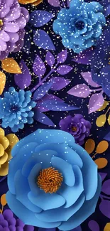 Vibrant, colorful floral design with blue, purple, and yellow flowers on a navy background.