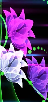 Vibrant purple and white digital flowers on a black background.