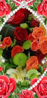 Vibrant floral wallpaper with red roses, orange flowers, and pearl accents.