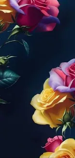 Colorful roses on dark blue background wallpaper for mobile phone.