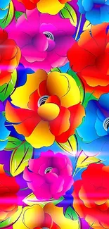 A vibrant wallpaper featuring colorful abstract flowers in red, yellow, and blue hues.