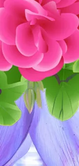 Colorful floral wallpaper with pink roses and green leaves on a purple background.